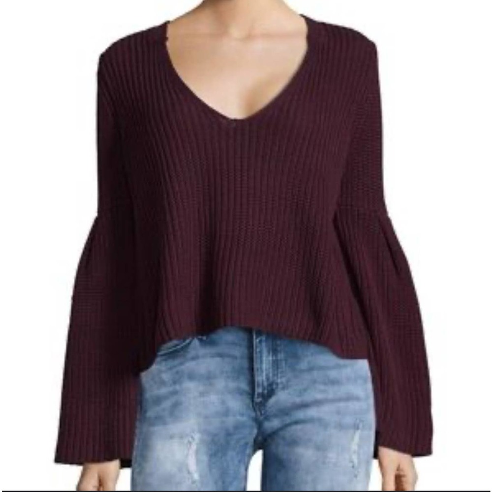 Free People Damsel Bell Sleeve deep purple Pullover Cropped Knit Sweater M
